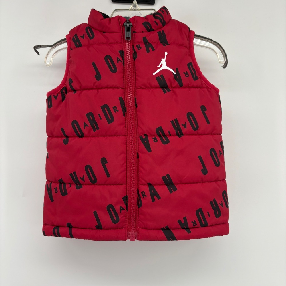 Kids Jordan Puffer Vest Red Black All Over Logo Size 18M
